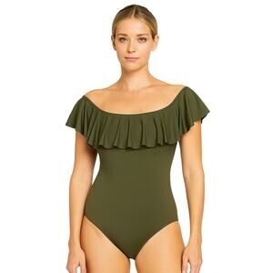 TRINA TURK SWIM Monaco Off The Shoulder Ruffle One Piece Swimsuit Sz 6 Green